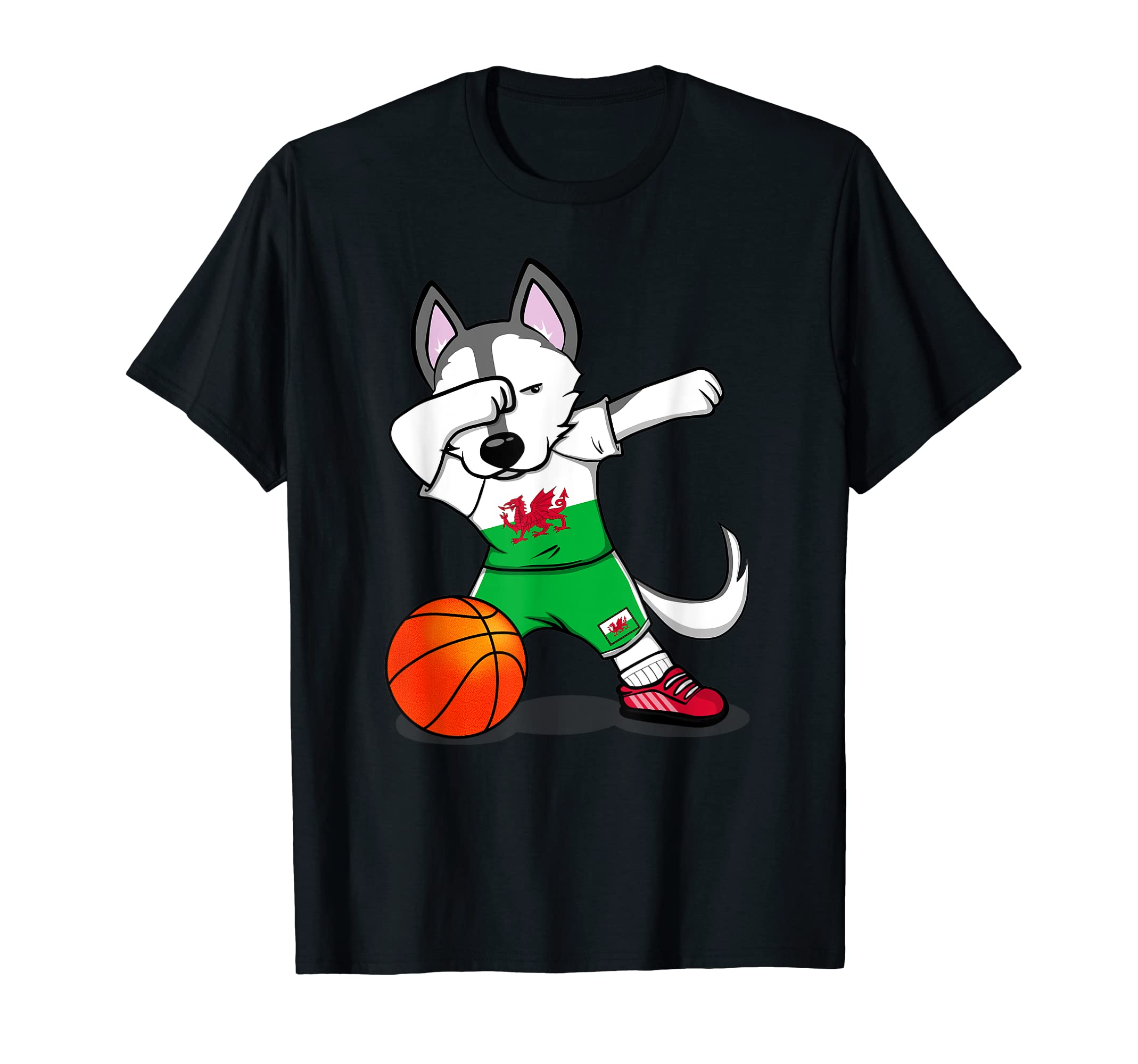 Dabbing Husky Dog Wales Basketball Fans Jersey - Welsh Flag T-Shirt