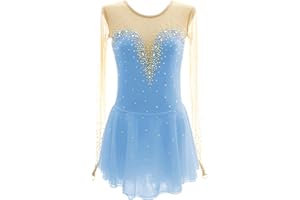 ARTSKATTING Figure Skating Dress,Girls Round Neck Long Sleeved Hook Finger Diamond Skating Performance Competition Wear Costume
