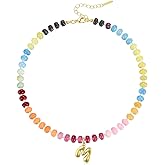 KissYan Initial Necklaces for Women, Colorful Beaded Gemstone Choker 14K Gold Bubble Letter Pendant Necklace Natural Stone Summer Beach Handmade Jewelry Gift