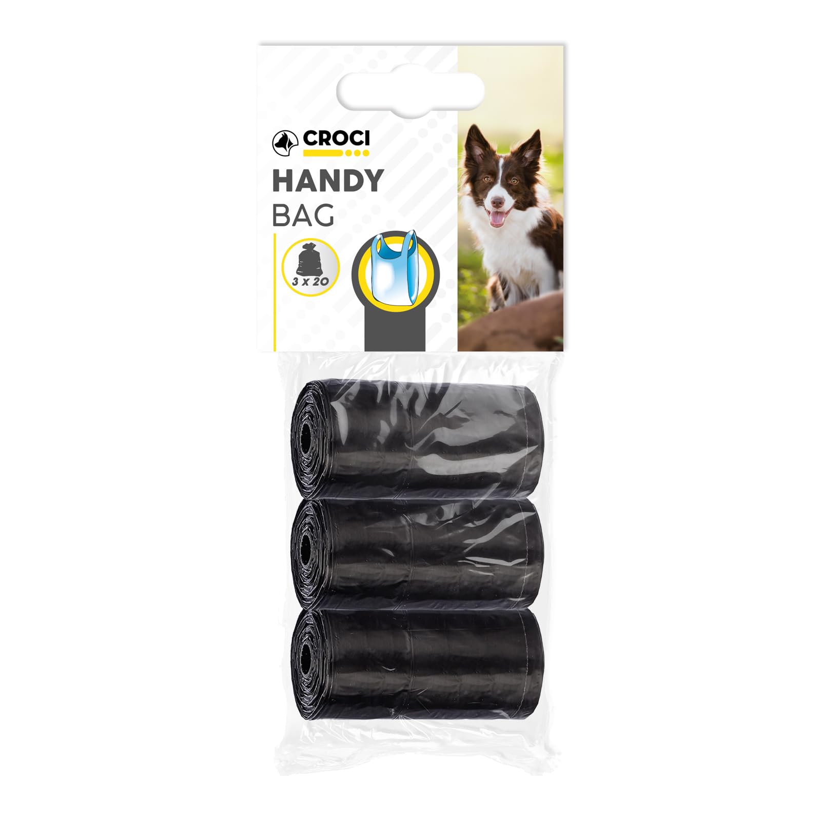 Croci - Hygiene bags for dog waste, 3 rolls total 60 bags, with handles, Black