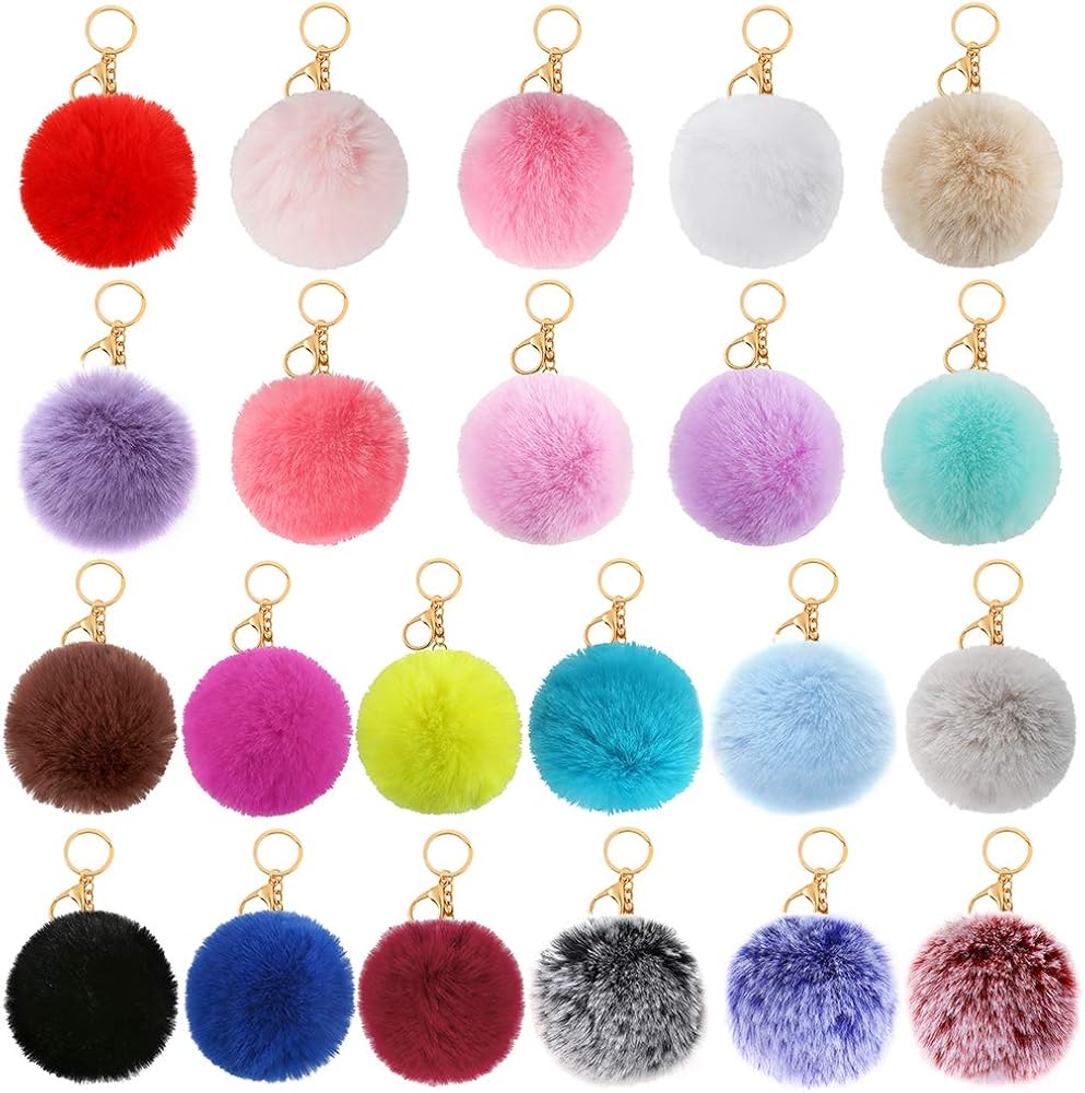 Auihiay 22 Pieces Pom Poms Keychains Faux Rabbit Fur Pompoms Keyring Fluffy Pompoms Keychain at