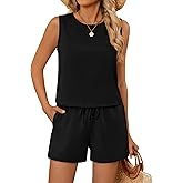 Ficerd Women's Summer 2 Piece Outfits Sets Cotton Linen Sleeveless Crop Top Tank and Drawstring Casual Shorts with Pocket