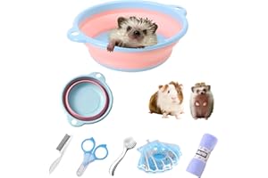 TTMIMIK 6 Pcs Hedgehog Bath Supplies Kit, Foldable Bathtub and Cleaning Brush with Pet Hair Comb, Pet Nail Clipper, Swimming Ring, Towel for Small Animal Hamster, Bunny, Guinea Pig, Lizards, Turtle