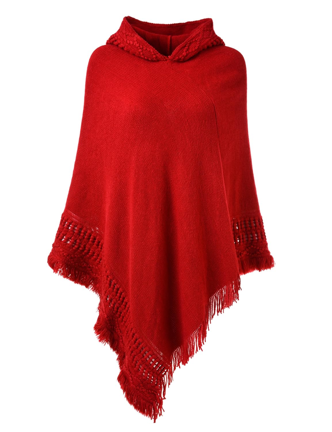 Women’s Knitted Poncho Sweater Hoodie Cloak Cape – Wool Blend, Fringe, Solid Grey