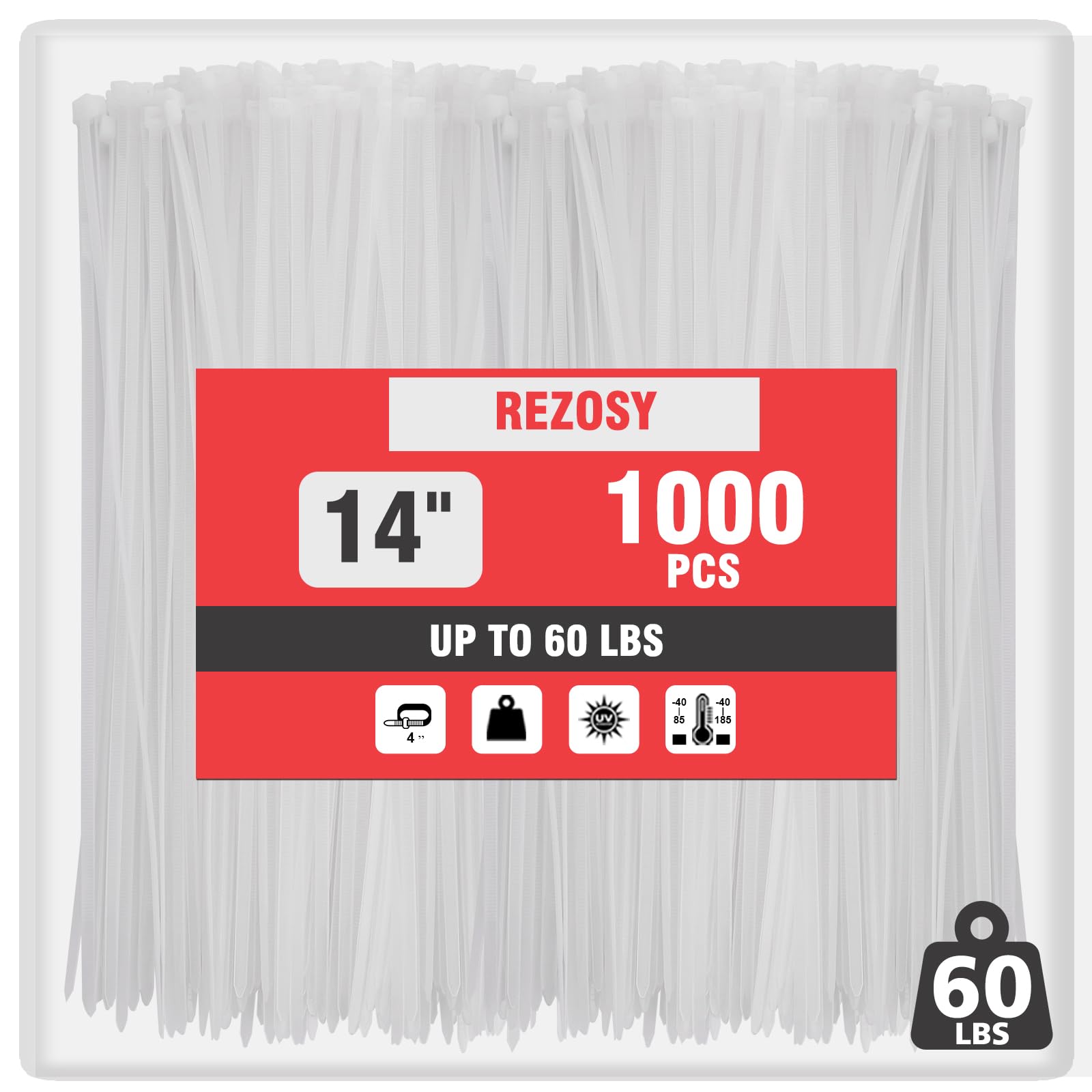 Photo 1 of REZOSY White Clear Zip Ties 14 Inch (1000 Pack) - 60 lb Heavy Duty UV Resistant Self-Locking Nylon Cable Ties for Outdoor Use
