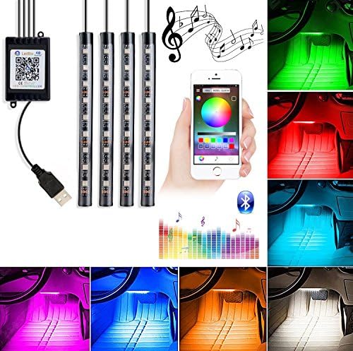 Car Interior Lights, 4Piece DC5V 36LEDs USB Auto LED Atmosphere Decor Strip Lights Multi-color Music RGB Under Dash Lighting Kit , With Sound-activated, APP Control