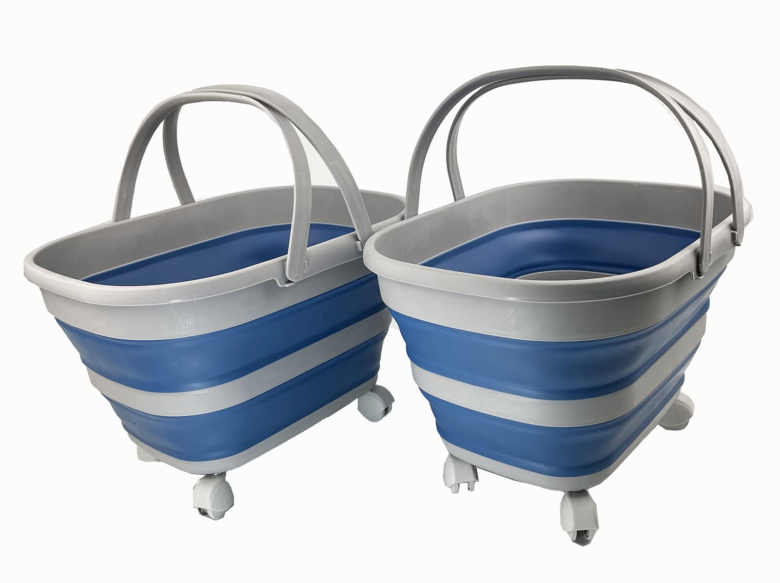 SAMMART 17L Collapsible Basket with Handle - Portable Outdoor Picnic Basket/Crater and 360˚ rotating wheels - Foldable Shopping Bag - Space Saving Storage Container (Grey/Mist Blue (Set of 2))