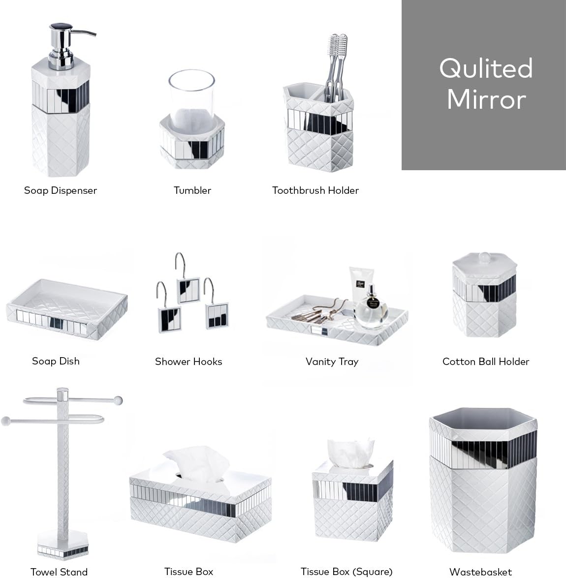 Creative Scents Quilted Mirror Bathroom Accessories Set, 6 Piece Bath Set Collection Features Soap Dispenser, Toothbrush Holder, Tumbler, Soap Dish, Tissue Cover, Wastebasket (White): Home & Kitchen