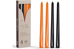 Leor & Lair Halloween Taper Candles - 4 Pack 10" Orange & Black Candlesticks - 6 Hour Long Burning Candles for Halloween Decoration, Dinner Table, Holidays