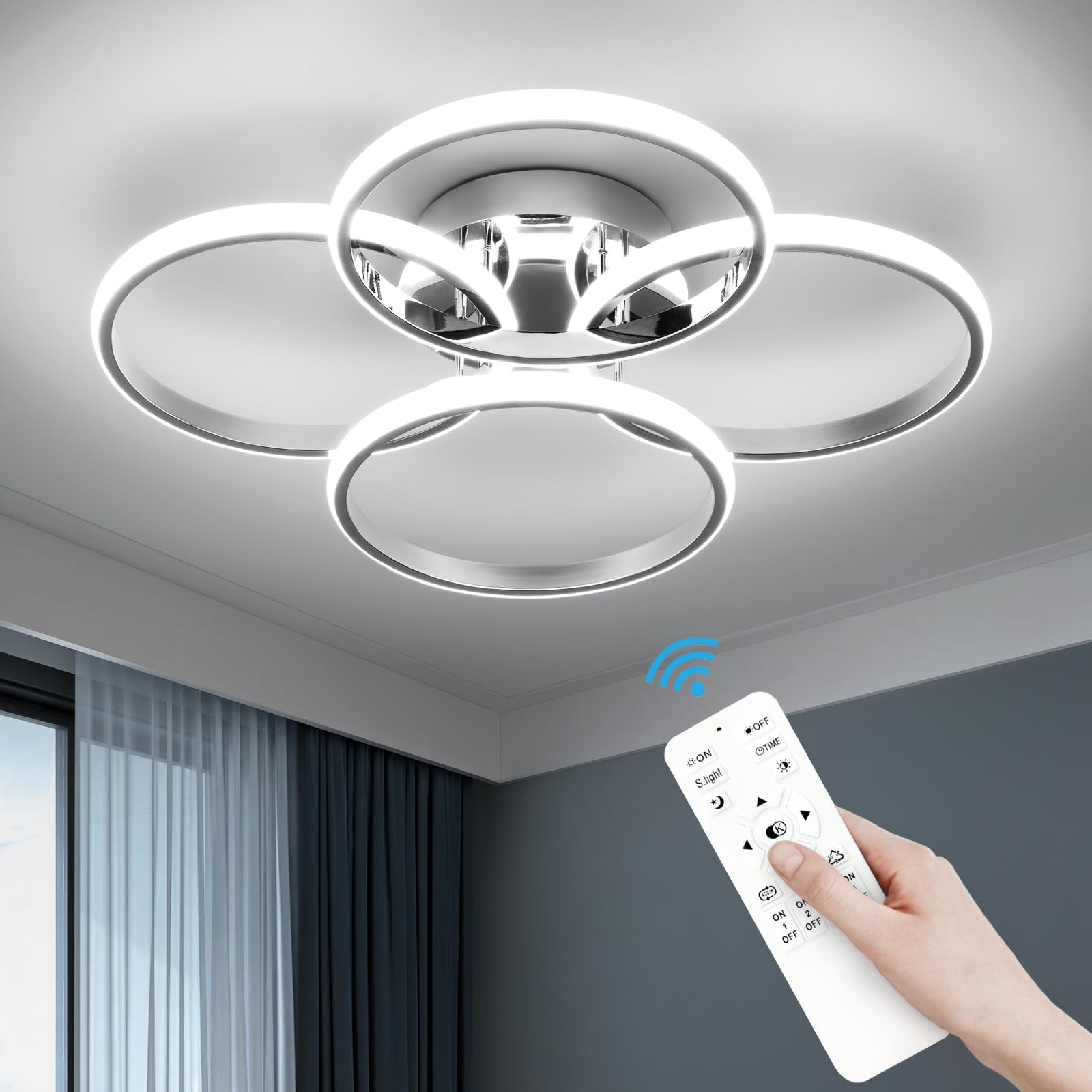 Photo 1 of CANEOE Modern LED Ceiling Light, 4 Rings Dimmable Ceiling Light Fixture with Remote Control, Flush Mount Ceilings Lamp for Living Room Dining Room Kitchen Bedroom