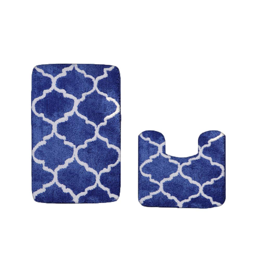 ele ELEOPTION 2 Pieces Non-Slip Bath Mat Set - Microfiber Absorbent Bathroom Mat & U-Shaped Toilet Rug Soft Washable Bathroom Rug Super Absorbent Floor Carpet, Blue Geometric