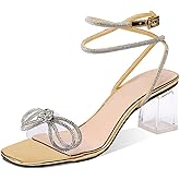 XINIUNIU Clear Bow Heels for Women Rhinestone Heeled Sandals Strap Transparent Crystal Square Toe Block Chunky Heels 2.5 Inch Dress Wedding Shoes