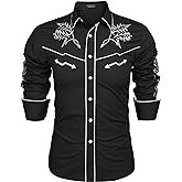 COOFANDY Men's Western Cowboy Shirt Long Sleeve Embroidered Shirt Slim Fit Cotton Casual Button Down Shirt