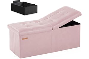 HAUSFRAU 31.5 Inches Ottoman with Storage Bench, Folding Ottoman Bench Small Foot Rest Stool, Bedroom Bench with Flipping Lid, Faux Leather Pale Pink