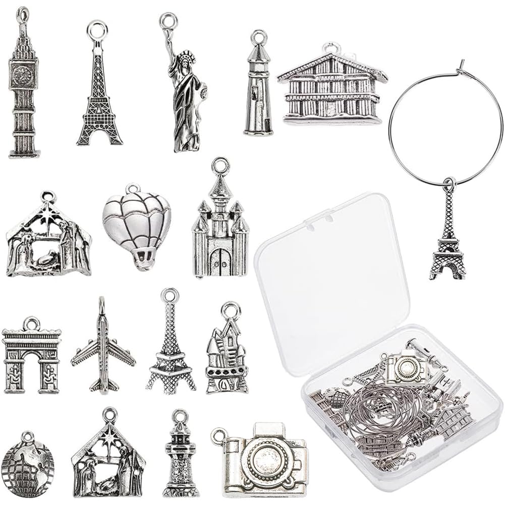 SUNNYCLUE 1 Box 16 Styles Tourist Theme Wine Glass Identifiers Charms Drink Markers Tags Tibetan Style Alloy Pendants Stainless Steel Hoop for Party Favors Decoration Supplies Gifts