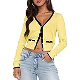 LEEDYA Women's Long Sleeve Cardigan Open Front Knit Cropped Sweaters Fall Color Block Button Down V Neck Lightweight Tops