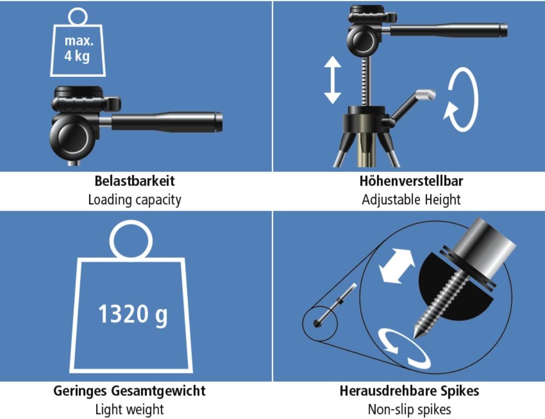 Hama "Action 165 3D" Camera Tripod Height 61-165 cm, 3-Way Ball Head, Rubber Feet & Spikes, Load-Bearing Capacity Up To 4kg - Image 5
