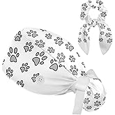 Heart Paw Grey Surgical Cap with Buttons/Bow Hair Scrunchy for Long Hair
