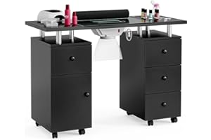 Belandi Manicure Table, Glass Top Nail Tech Desk Nail Table Station for Nail Tech w/Electric Downdraft Vent, Wrist Cushion, Lockable Wheels, Storage Drawers, Wooden Handles (Black-Glass Table)