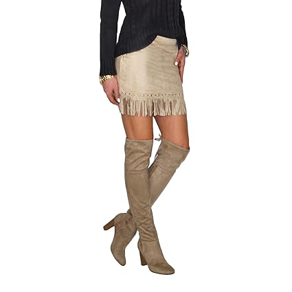 DB Damen Kunst Wildleder Bleistift Rock mit Fransen in beige und Camel