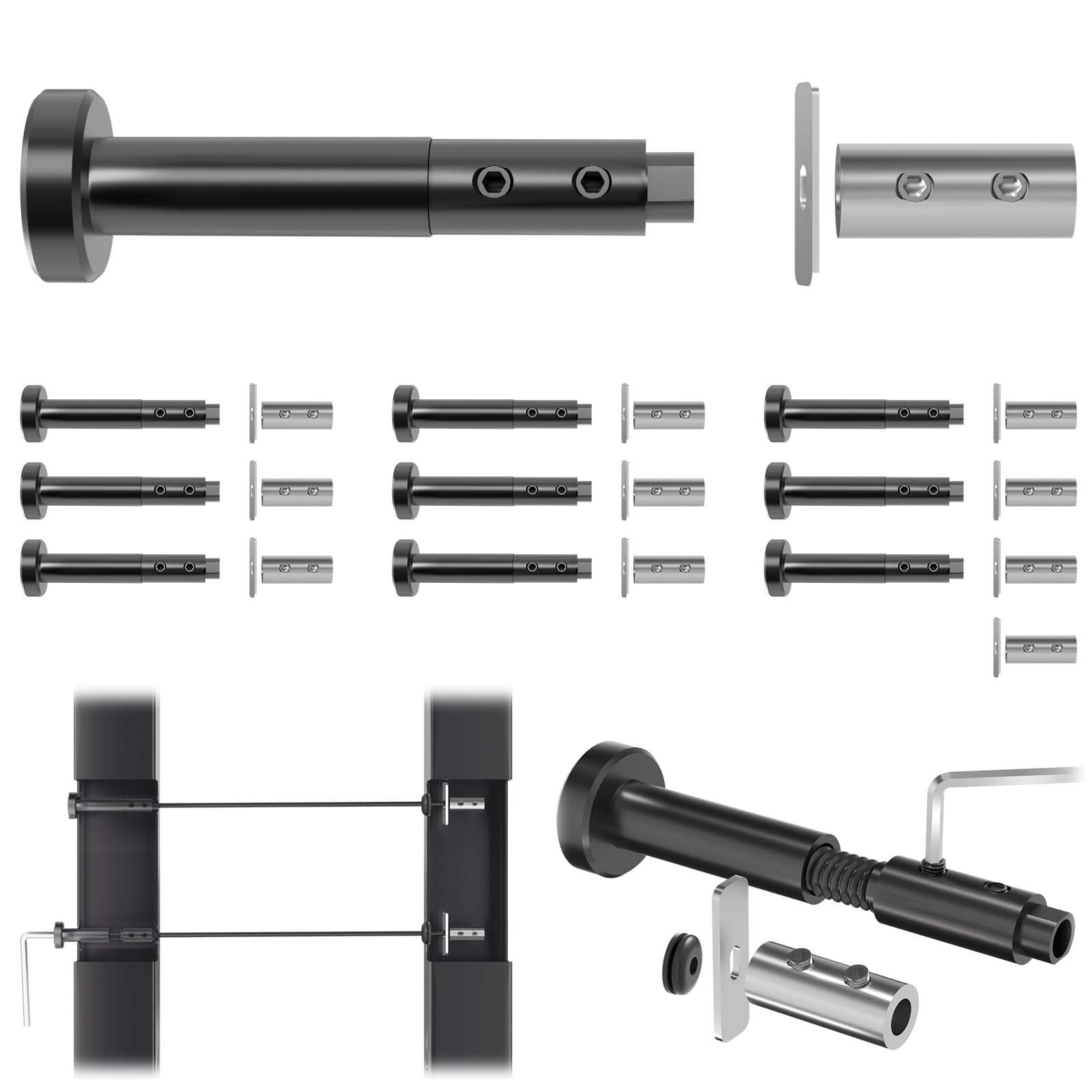 Photo 1 of [Patent] Gyykzz Black Swageless Invisible Cable Railing Kit, T316 Stainless Steel Reusable 10PCS Tensioner & 11PCS Fixed End, Screw-Locking Hardware No Crimping Fit for 2"x2" Metal Railing Post System