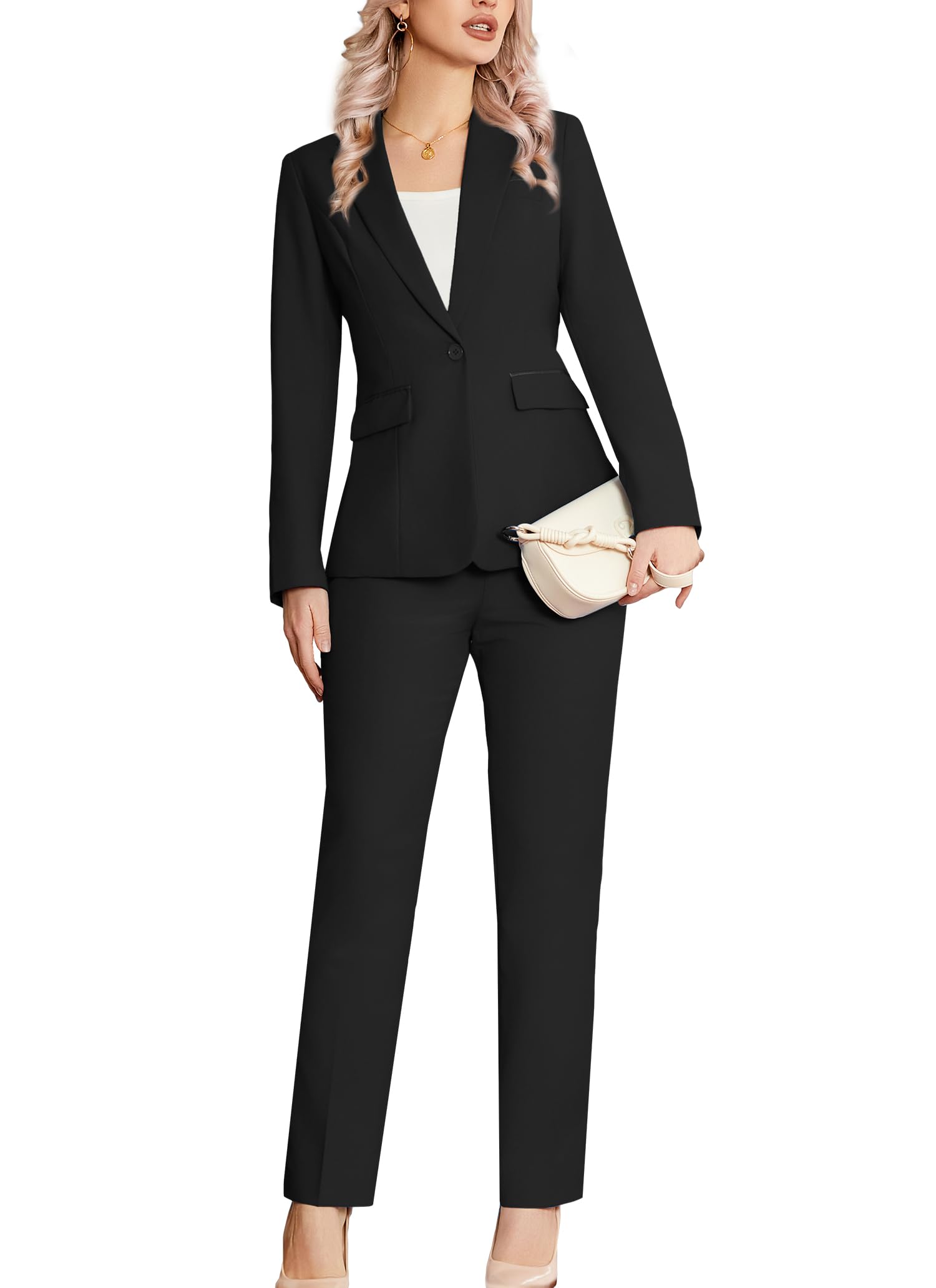 Photo 1 of Kelyaa Women's 2 Piece Suit Notched Lapel One Button Slim Fit Business Office Work Tuxedo Blazer Pants Set Black
