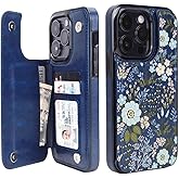 uCOLOR Compatible with iPhone 15 Pro 6.1" Wallet Case with Card Holder Slot Folio Flip PU Leather Kickstand Double Magnetic Clasp and RFID Blocking Design Cover 6.1 Inch (Navy Blue Flowers)
