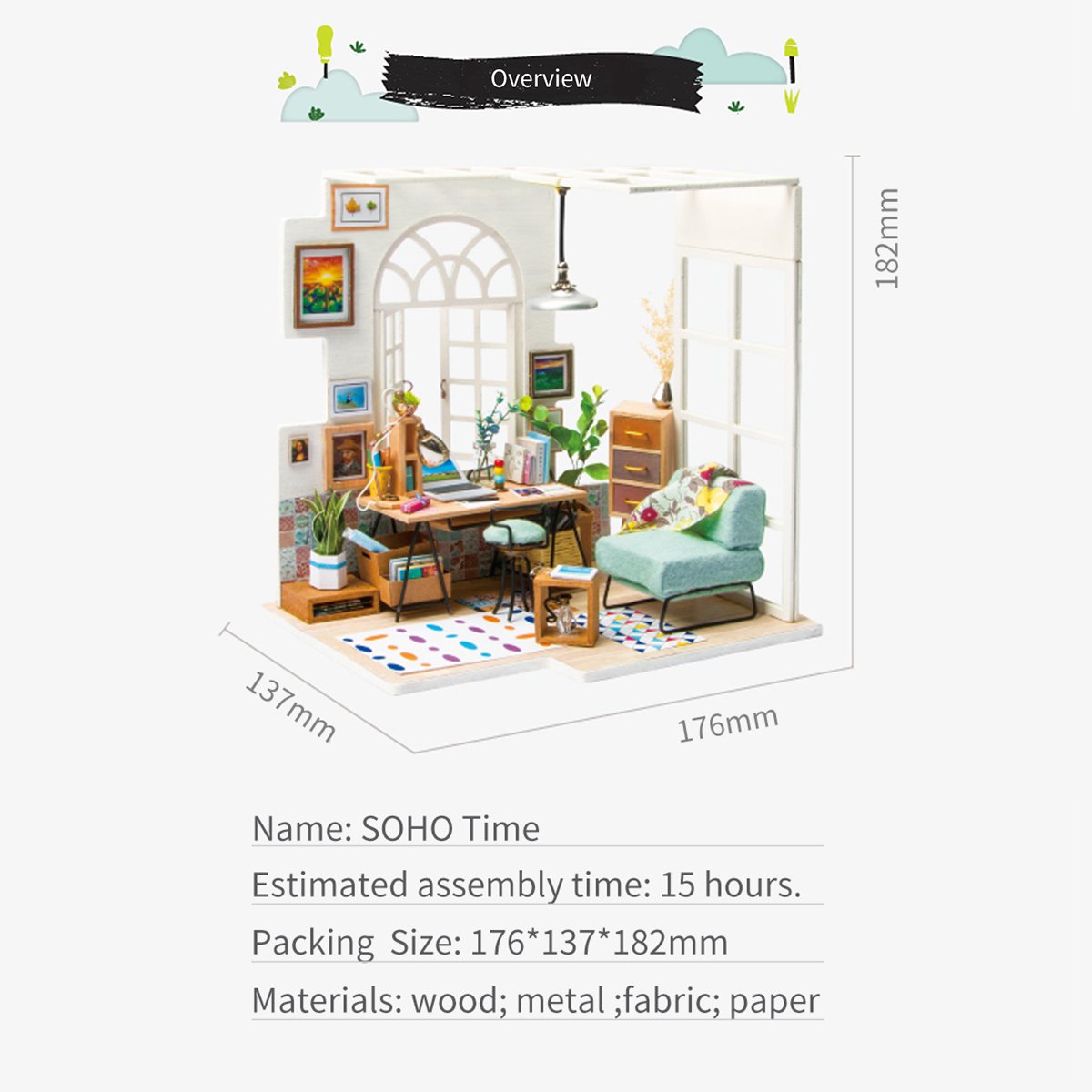 ROBOTIME Miniature Dollhouse Kit Decorations with Lights and Furnitures DIY House Craft Kits (SOHO TIME)