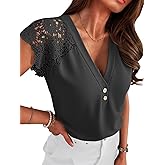 Angashion Womens Tops Lace Short Sleeve Casual V Neck Tunic with Button Summer Elegant Business Work Blouse