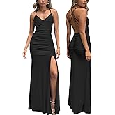 Atizon Women's Cocktail Maxi Dresses 2026 Sexy V Neck Spaghetti Strap Ruched Split Bodycon Formal Wedding Guest Long Dress