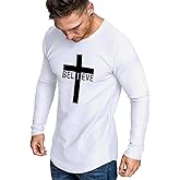 iudam Men's Long Sleeve Crewneck Graphic Tee Believe Cross Print Christian Shirts Workout Shirts