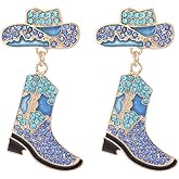 Colorful Rhinestone Western Boots Dangle Drop Earrings for Women Boho Cowgirl Cowboy Enamel Hat Boot Earrings Country Concert Party Outfits Jewelry Gift