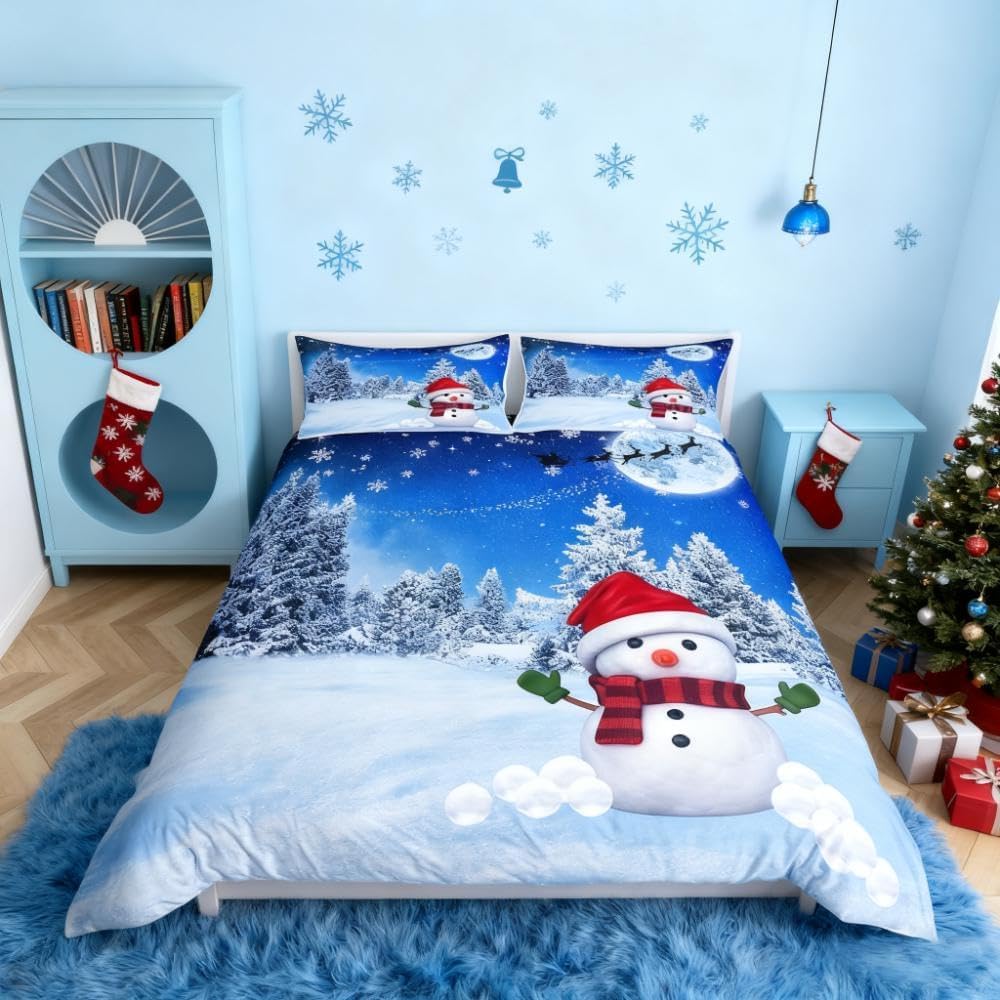 Loussiesd Blue Christmas Bedding Set Snowman Reversible Duvet Cover Set Snow Country Comforter Cover Xmas Festival New Year Quilt Cover with 1 Pillowcases (Single) Cute Elk Bed Cover — image 1