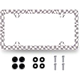 Purple Checkerboard License Plate Frame Colorful Checkered Mosaic Elements License Plate Personalise Stainless Steel Auto Parts Funny License Plate Decoration Screws 12.3" x 6.3"