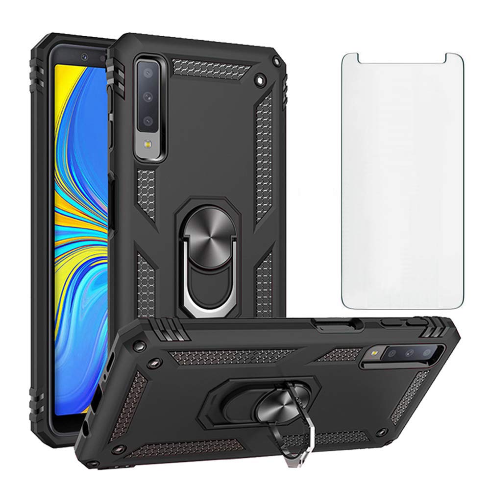 Phone Case for Samsung Galaxy A7 2018 with Tempered Glass Screen Protector Stand Ring Holder Shockproof Silicone Heavy Duty Accessories Magnetic Metal Hard Glaxay A 7 SM-A750FN A750GN Girls Black