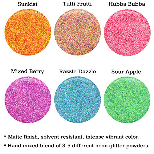 GLITTIES Mixed Neon Glitter Powder 6 pk Kit- for nail art gel and acrylic powder hair decoration