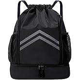 Gbateri Sports Drawstring Backpack - Water Resistant Gym Bag with Shoes Compartment and Water Bottle Holder Pockets -Drawstring Bag String Cinch Bag for Gym, Travel, Swimming, Beach, Men Women (Black)