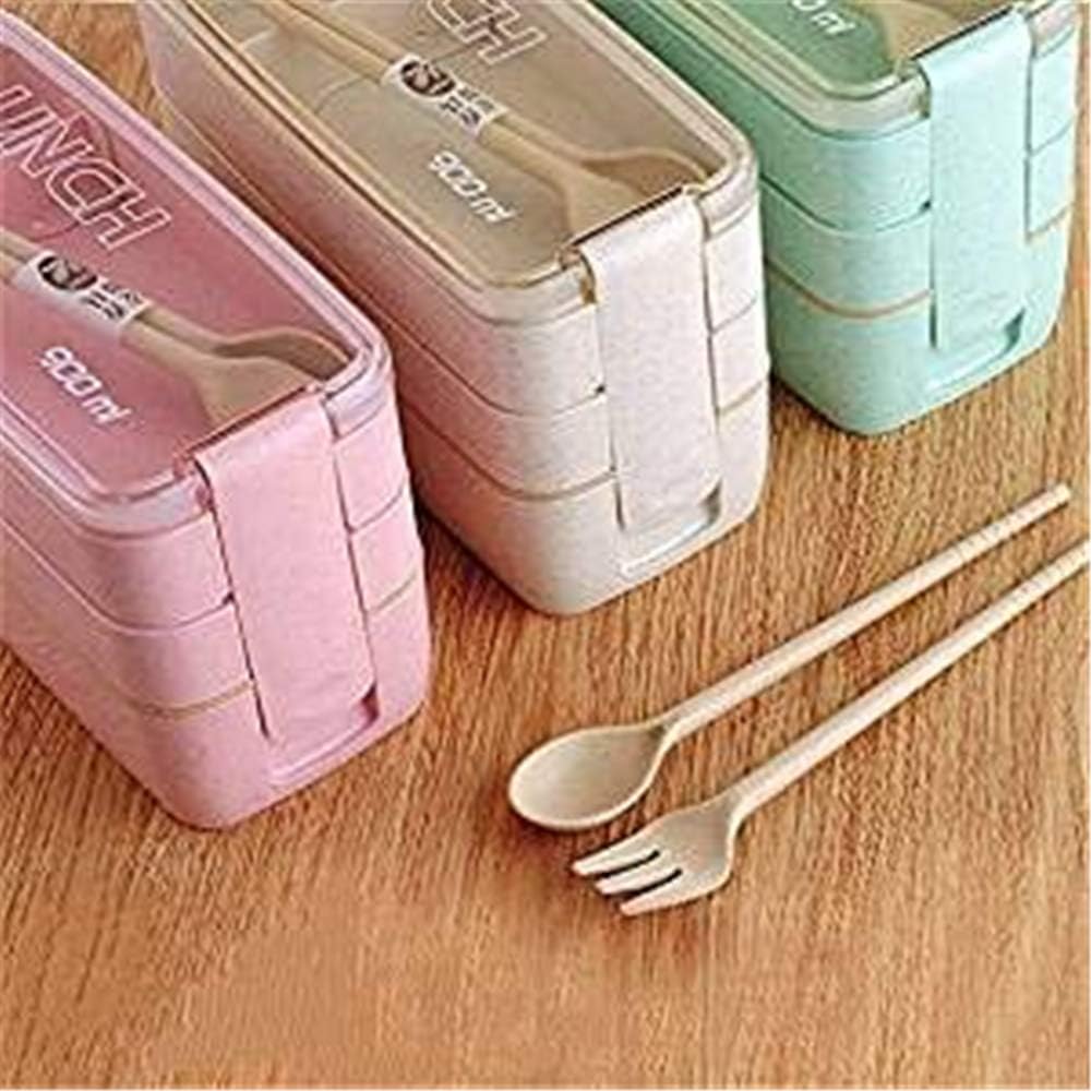 Three-Layer Bento Box for Adults, Lunch Boxes for Kids Leak-Proof Food Storage Container, Wheat Fiber, FDA Approved ＆ BPA Free, for Food Prep and Meal Planning (Includes Fork & Spoon) (Pink)