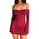 Women Sexy Off Shoulder Floral Lace Bodycon Mini Dress Y2K Flared Sleeves Short Dress Mesh Sheer Night Out Dresses