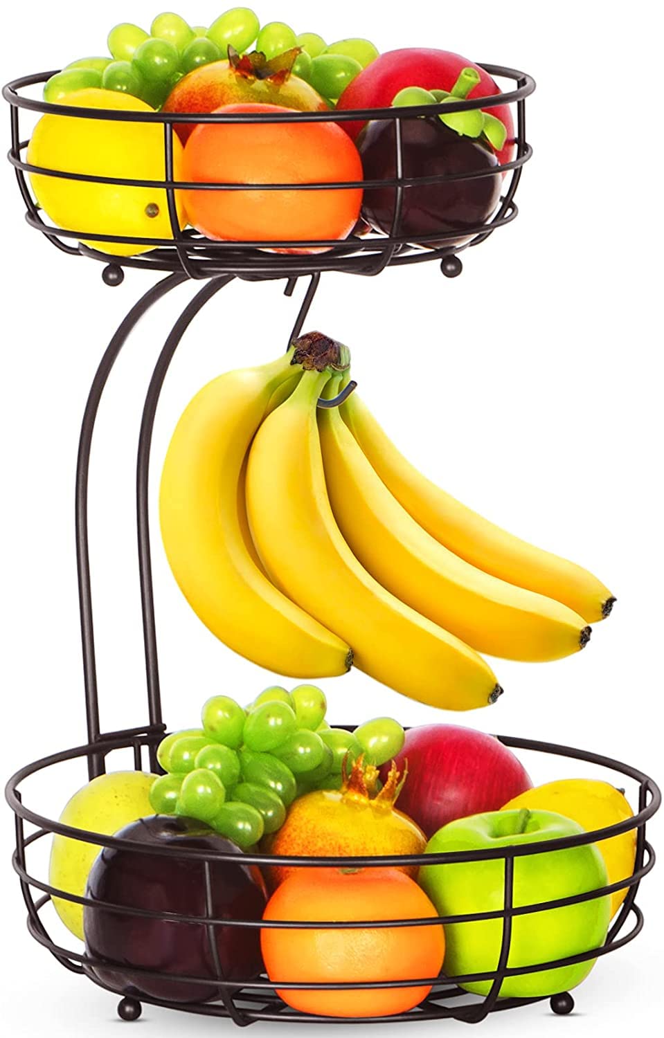 Mutool Fruit Basket, 2-Tier Fruit Bowl with Banana Hanger, Kitchen Countertop Rack, Metal Bowls Perfect for Holding Fruit, Vegetables, Snacks, Cupcakes (Bronze)