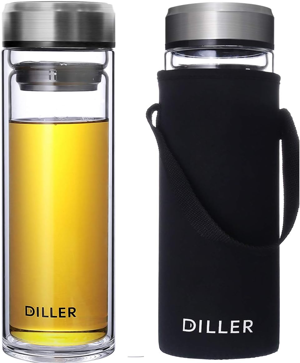 Diller 1 Litre Glass Water Bottles 1L Borosilicate Bottle Large Clear
