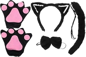 JOINPAYA 5PCS Cat Costume Set: Halloween Cat Ears Headband Tail Bowtie Gloves for Kids Cute Cosplay Accessories