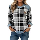 Women's Denim Plaid Patchwork Crewneck Long Sleeve Top Shirt Spring Casual Loose Stitching Pullover Sweatshirt