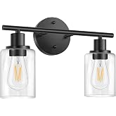 Bathroom Light Fixtures, 2 Light Black Vanity Light, Wall Sconces Lighting | Modern Bath Wall Mounted Lights with Glass Shade, Porch Wall Lamp for Mirror, Living Room, Bedroom, Hallway, Cabinet