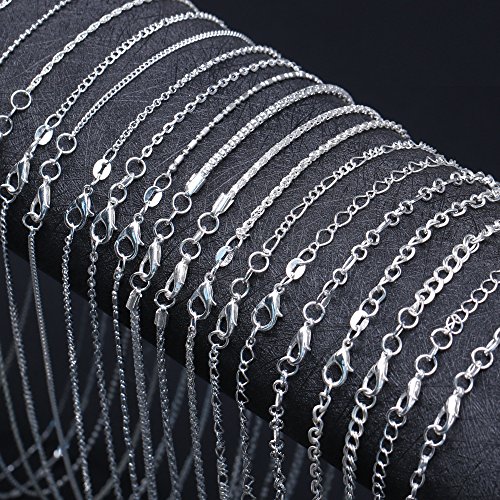YUEAON 20 Pack Different Silver Plated Necklace Chain with Lobster Clasps for Jewelry Making Supplies-Bulk Lots