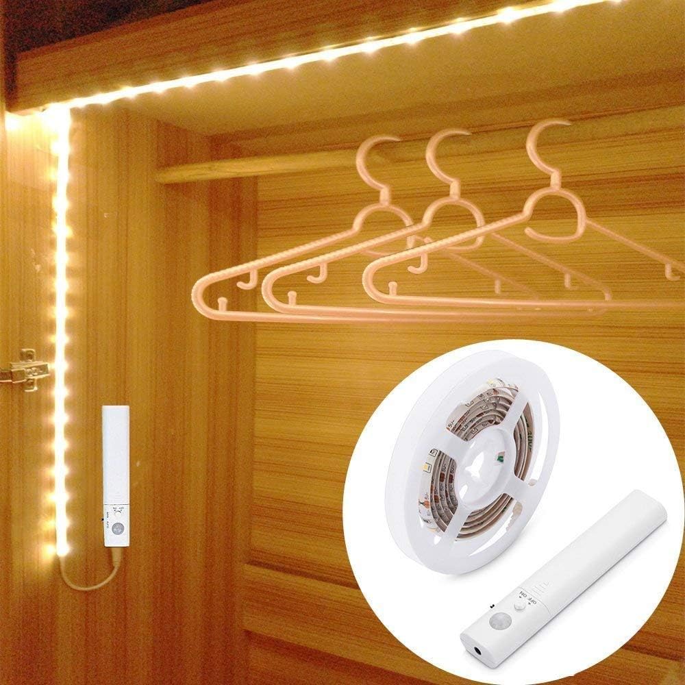 OriFiil Motion Sensor Wardrobe Light, LED Strip Lights Night Light, 3000K Warm White, PIR Auto on/Off, Battery Powered for Bedside, Closet, Cabinet, Kitchen, Stairs, Under Bed Lighting (1M Battery)