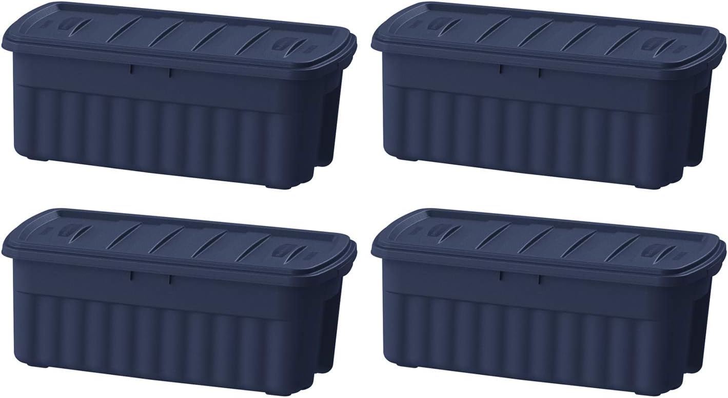 Rubbermaid Roughneck 50 Gallon Rugged Stackable Storage Tote Container, Dark Indigo Metallic (4 Pack)