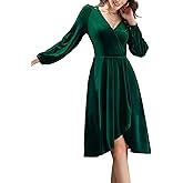 Meetjen Women's V Neck Velvet Formal Long Sleeve Dresses Flowy Fall High Low Elegant 2025 Midi Winter Cocktail Party Dress