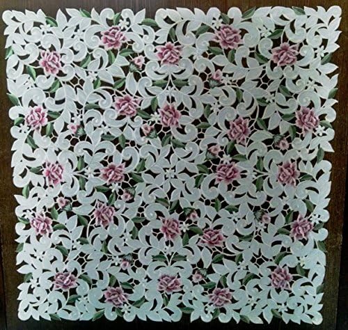 Tablecloth or Table Topper Square Embroidered with Light Pink Cutwork Roses, Size 34 inches
