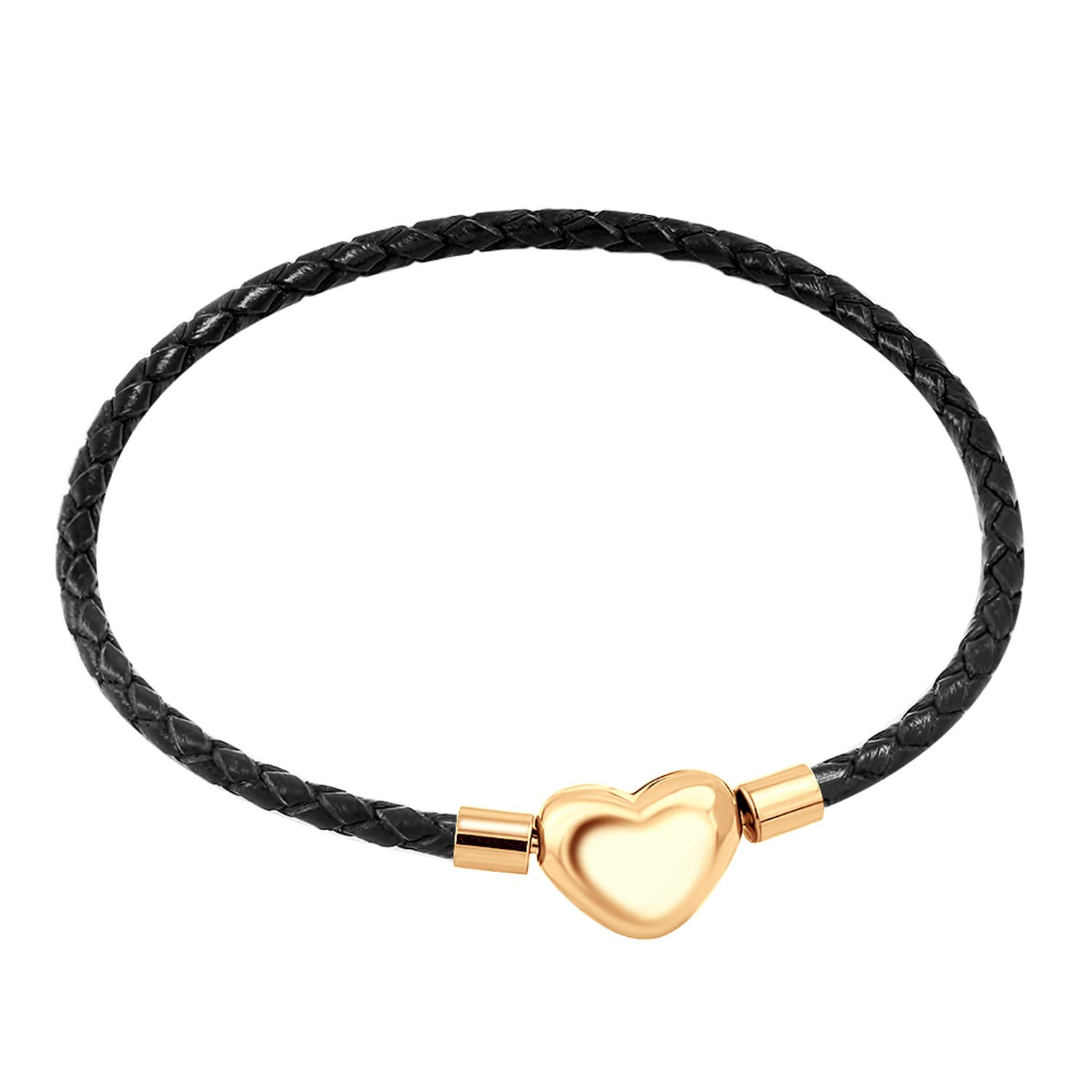 555Jewelry Braided Black Leather Heart Charm Bracelet Bangle for Women & Ladies (Black/Rose Gold, 7.5 Inches)